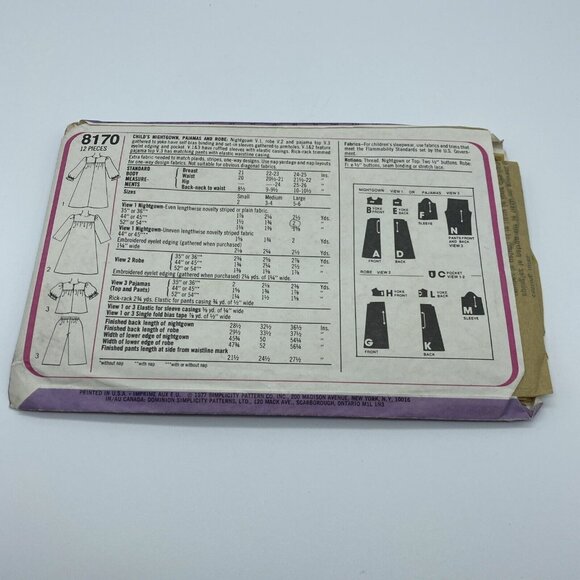 Simplicity 8170 Child Girl's Nightgown Pajamas Robe Size5 6 Vintage Cut 1977 - Picture 4 of 5